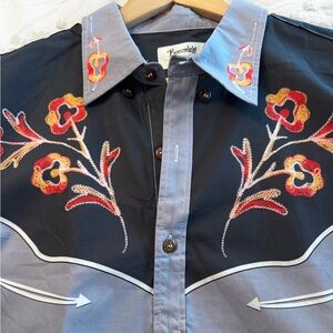 Boozelele Men's Floral Embroidered Casual Button Down Shirt - Black and Gray